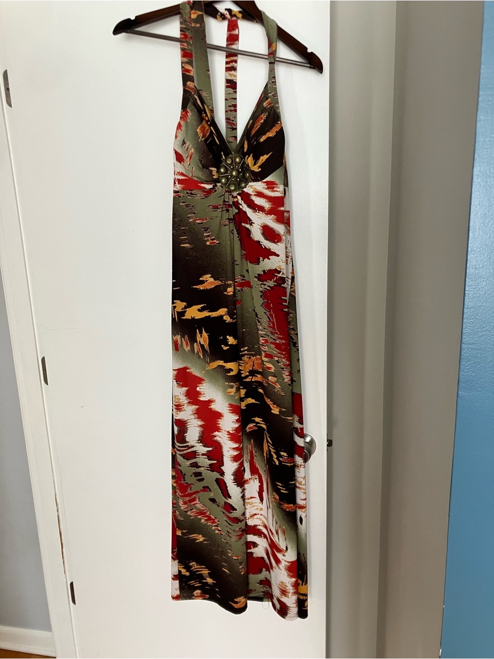 Soulmates Halter Maxi Dress in Olive Green & Red with Gold Accent